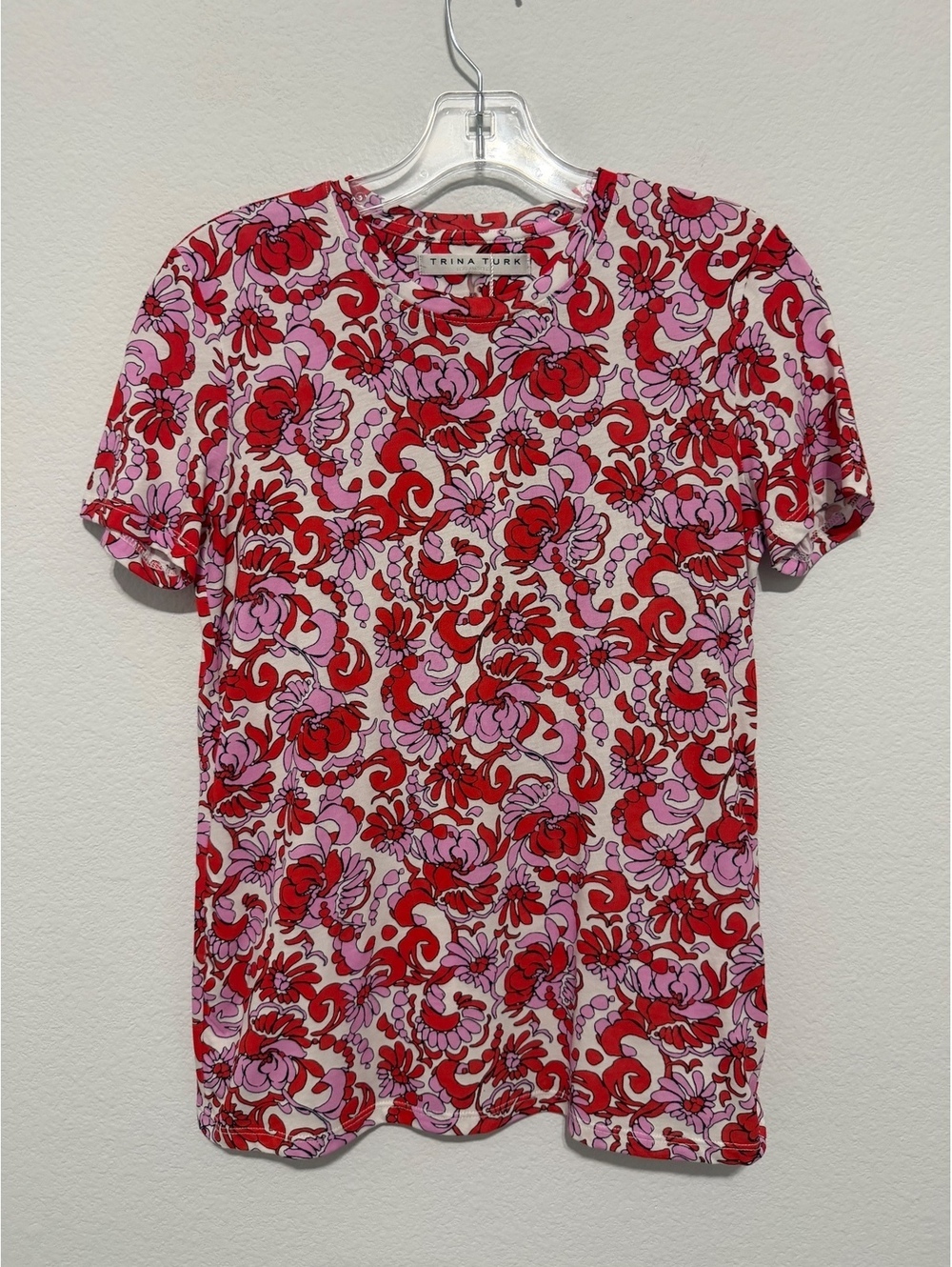 Trina Turk Short Sleeve Round Neck Red/Pink Floral Print Cotton T-Shirt Size XS